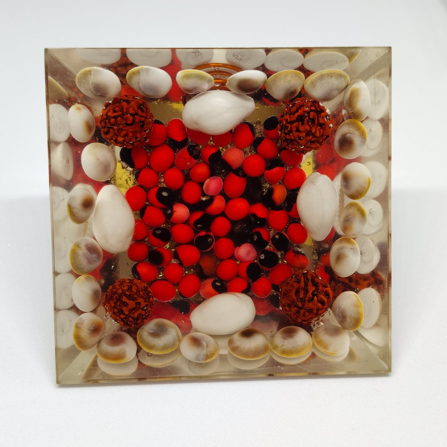 Shree Yantra Pyramid | With Rudraksha, Cowdi, Gomati Chakra, Gunja and Copper Coil