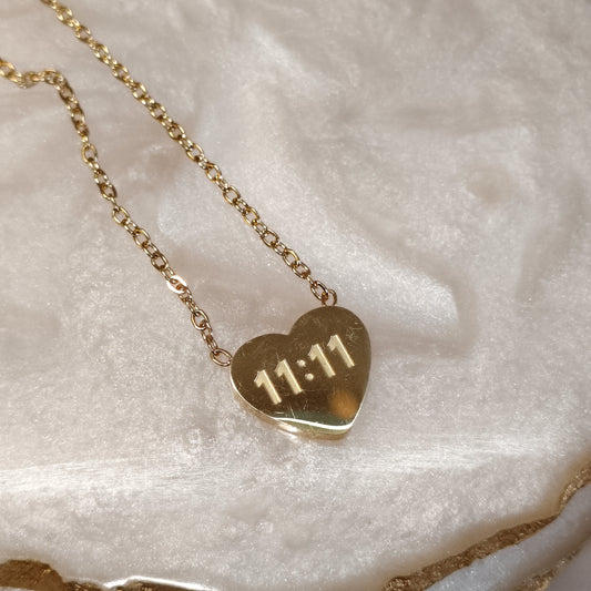 1111 Angel Number Heart 18K Gold Plated Necklace