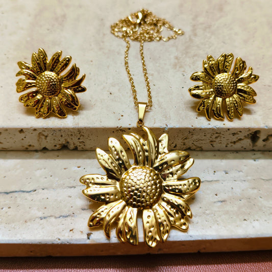 Radiant Sunflower 18K Gold Plated Earrings Necklace Set