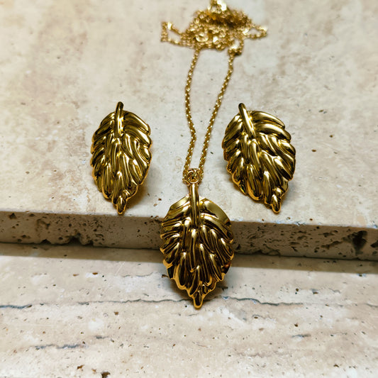 Whispering Leaf 18K Gold Plated Earrings Necklace Set